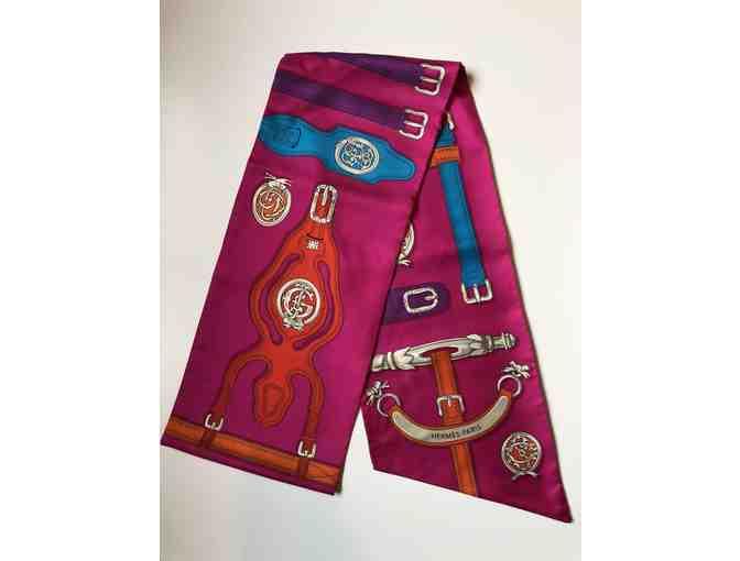 Hermes Fuchsia with Multi Color Maxi Twilly Scarf/Wrap (Color: Fuchsia/Green/Red)