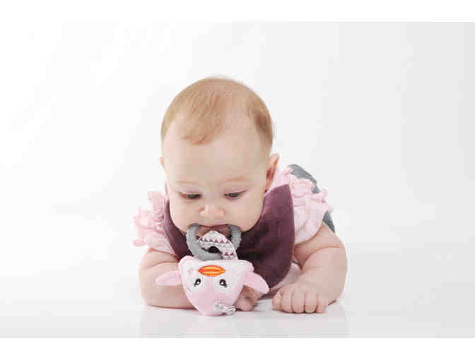 Buddy Bib 3-in-1 Bib/Toy/Pacifier Holder AND Munch Mitt Teething Mitten (ages 3-12 months)