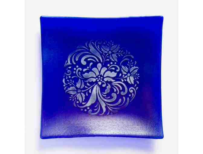 Dark Blue Transparent Glass Tray with Stenciled Glass Acanthus Design and Wooden Acanthus Spoon