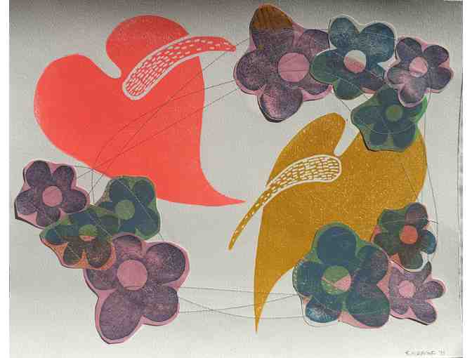 Three Original Linocut Prints With Stitching by Shannon Hiramoto