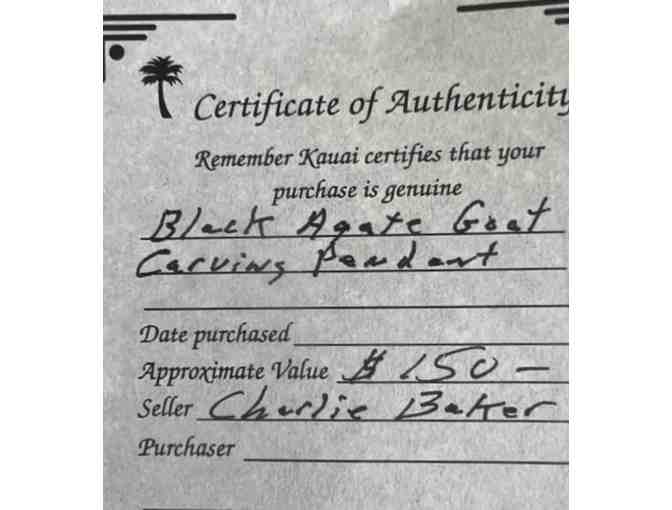 Black Agate Ram Carved Pendant, Remember Kauai