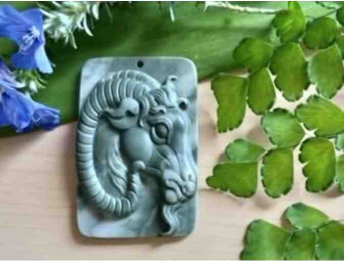 Black Agate Ram Carved Pendant, Remember Kauai