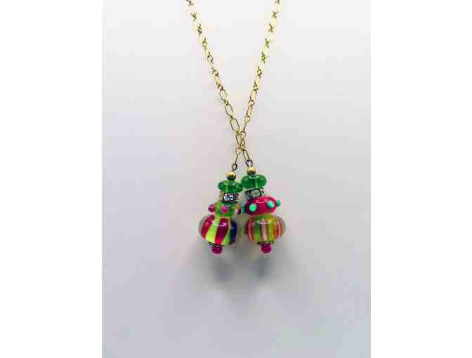 Gold Chain Lariat Necklace with Green and Pink Glass Beads - 3 - Photo 1