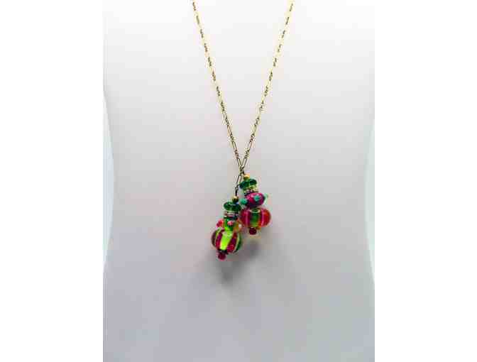 Lariat Gold Chain with Green and Pink Glass Beads - 5 - Photo 1
