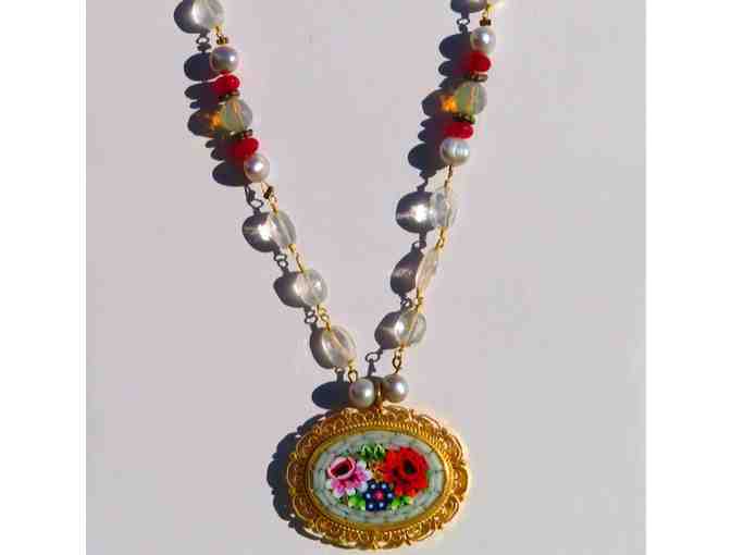 Micro Mosaic Pendant with Pearls, Clear Crystals and Red Glass Beads - 43 - Photo 1