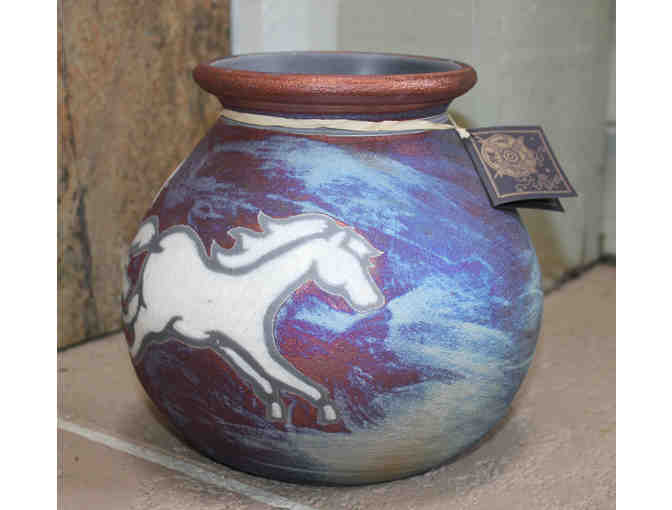 JEREMY DILLER RAKU POTTERY VASE WITH HORSES, SIGNED