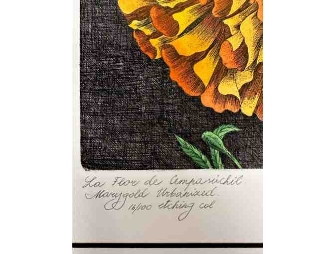 'La Flur de Cempasuchil' #16/100 Fine Etching and Watercolor by Marina Terauds