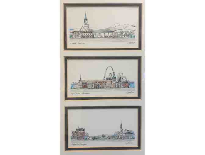 Framed Set of Three John Pils City Skylines Drawings