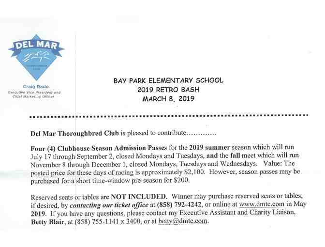 Four (4) Season Passes to the Del Mar Thoroughbred Club for the 2019 Summer Season