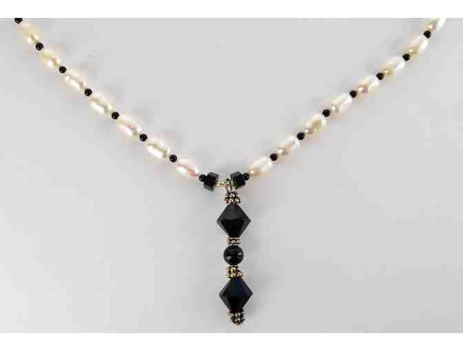 Necklace - White Fresh Water Pearls, Onyx and Sterling Silver