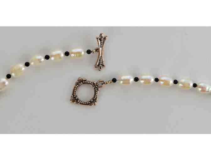 Necklace - White Fresh Water Pearls, Onyx and Sterling Silver