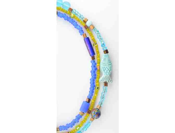 Aqua Lime Vietnamese Glass, Cloisonne bead and Ceramic Fish Necklace