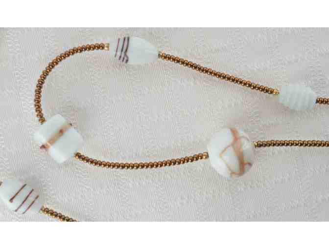 White Venetian Glass with gold foil swirls and glass gold tone beads Necklace
