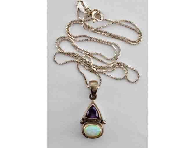 Necklace - Sterling Silver Chain with Opal and Amethyst Pendant