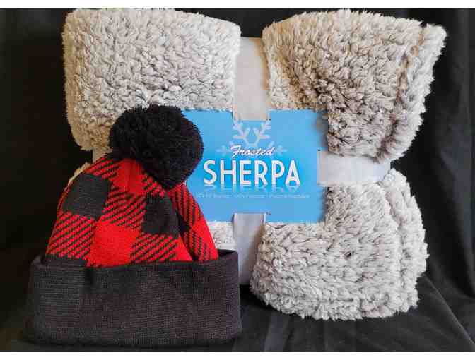 Cozy Buffalo Plaid Gift Package Winter Hat, Tote Bag, Fleece Blanket, and Chocolates