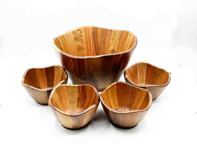 Acacia Wood Large Wave Serving Bowl & 4 Individual Wave Bowls - Photo 1