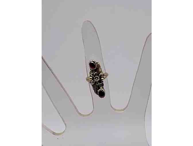 Ornate Sterling Silver Ring with Burgundy Stones