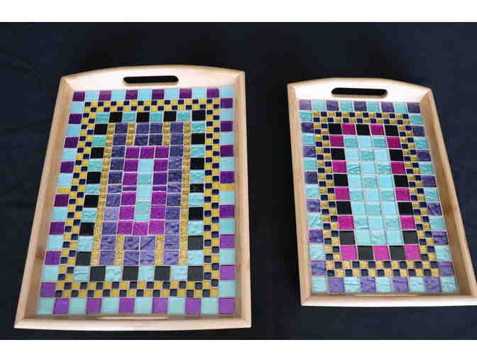 Two Custom Made Mosaic Tile Bamboo Trays