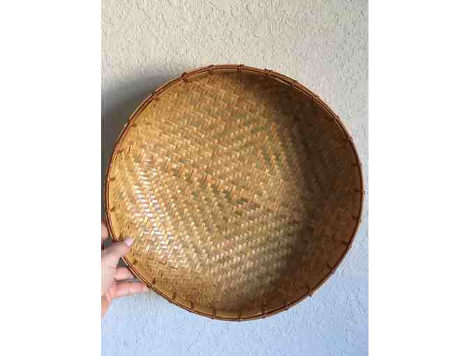 Vintage Herringbone Pattern Woven Shallow Basket