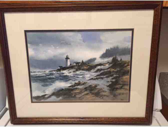 'Stormy Seascape with Lighthouse' Framed Original Watercolor