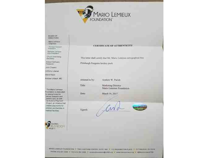 Mario Lemieux Autographed Pittsburgh Penguin Hockey Puck