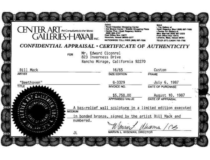 Beethoven Bonded Bronze Bas-Relief Sculpture by Bill Mack