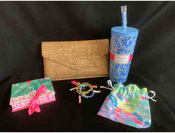 Lilly Pulitzer Basket - $50 GC, Tumbler, Bracelets, St. Bart's Cork Clutch - Value:  $250