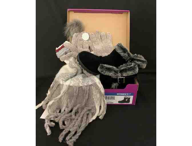 'Keep Cozy and Warm' Basket - Khombu Boots, Hat, Scarf, and Gloves - $75