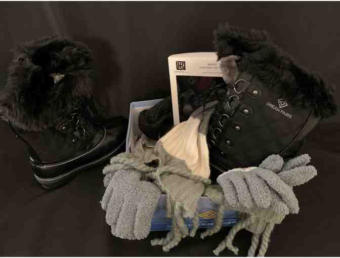 Winter Wear Basket - Boots Size 7, Scarf, Gloves and Hat - $75