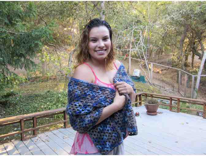 Crocheted 20' X 60' Blue & Brown Shawl