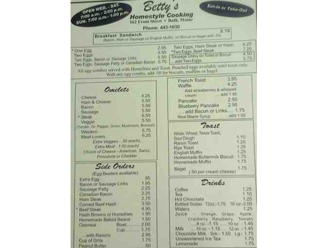 $15 Gift Certificate to Betty's Homestyle Cooking Restaurant