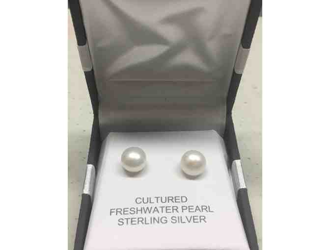 Silver and Red Enamel Rustic Cuff, Pearl Earrings, and Red, White and Gray Afghan