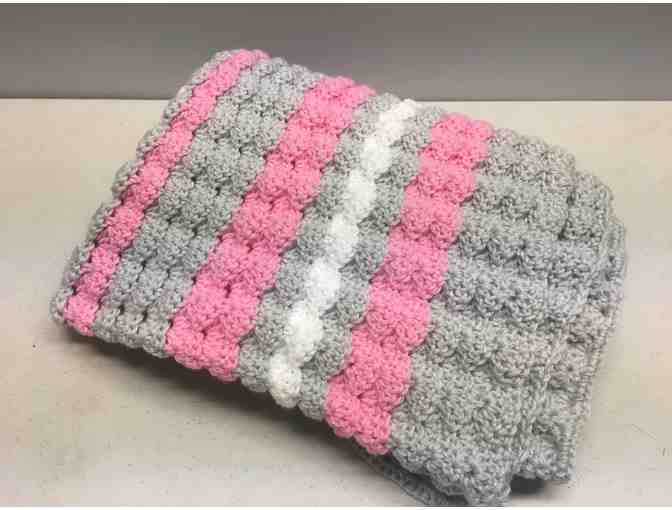 Pink Python 'Hope' Rustic Cuff Set, Pearl Earrings, and Pink, White, and Gray Afghan