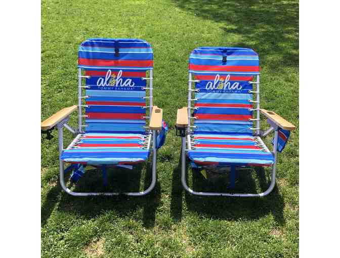 Two Tommy Bahama Backpack Beach Chairs & a Coleman 150-Quart Marine Hard Cooler