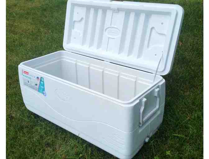 Two Tommy Bahama Backpack Beach Chairs & a Coleman 150-Quart Marine Hard Cooler