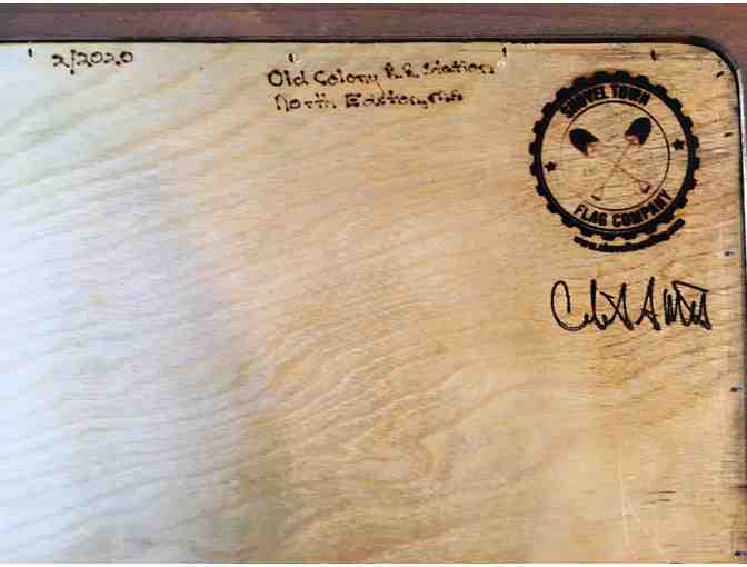 US flag art made from wood fragments reclaimed from Easton reconstruction projs.