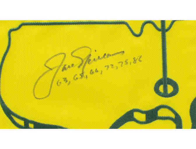Enjoy Jack Nicklaus Signed Masters 20x30 Custom Framed Pin Flag Display Inscribed '63, 65,