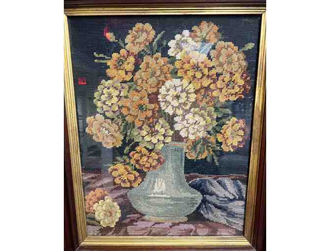 Vintage Needlepoint Floral in Wooden Frame