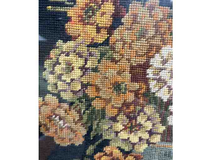 Vintage Needlepoint Floral in Wooden Frame