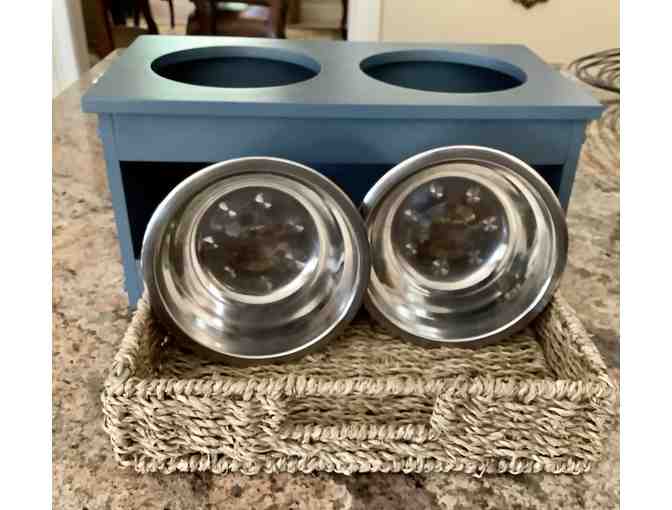 Pet Food Bowls on stand with basket