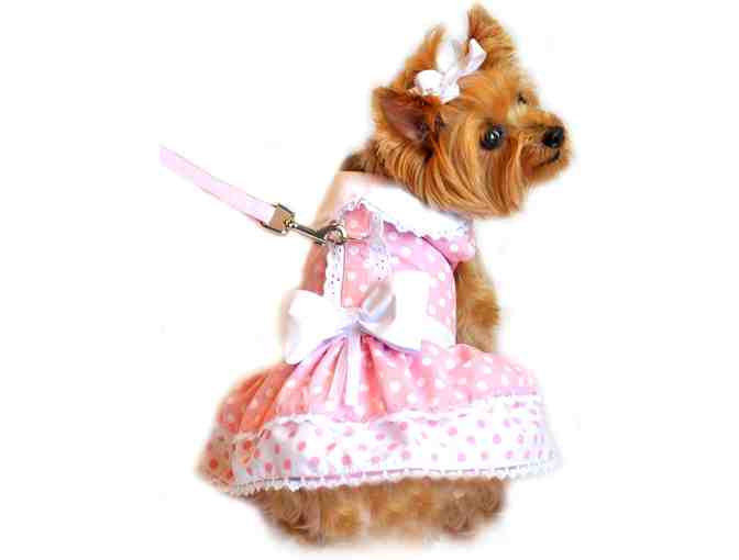 DOGGIE DESIGN Pink Polka Dot and Lace Dog Harness Dress Set size XS - Photo 1