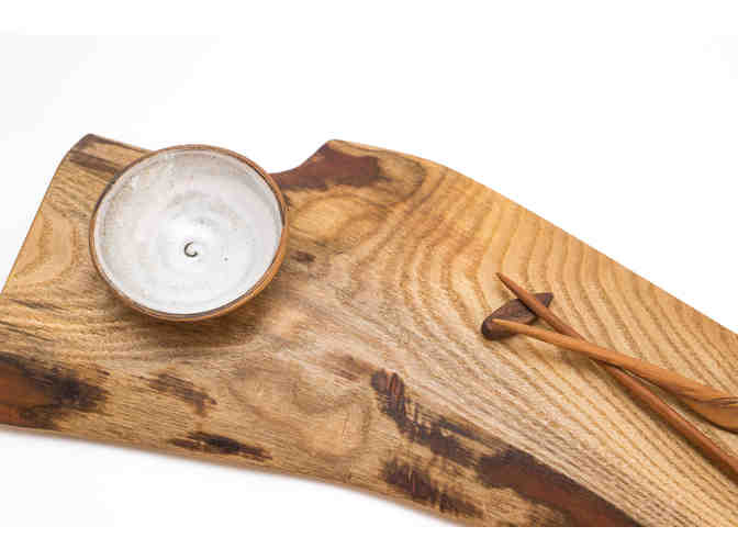 Handcrafted sassafras wood sushi platter and serving chopsticks, ceramic soy sauce dish