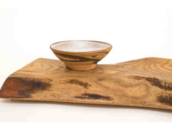Handcrafted sassafras wood sushi platter and serving chopsticks, ceramic soy sauce dish
