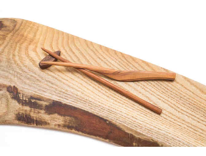 Handcrafted sassafras wood sushi platter and serving chopsticks, ceramic soy sauce dish