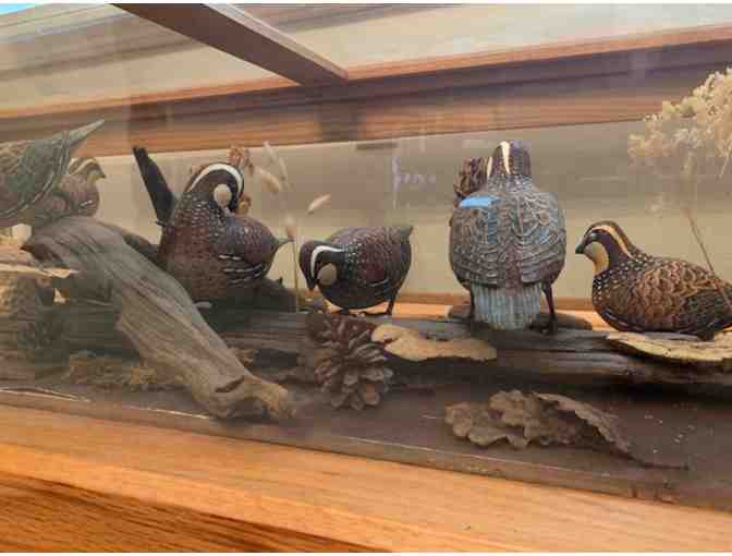 Oak and Glass Coffee Table /Display Case with hand-carved and hand-painted Quail
