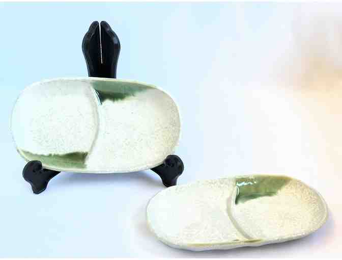 Two White and Green Oblong Dishes