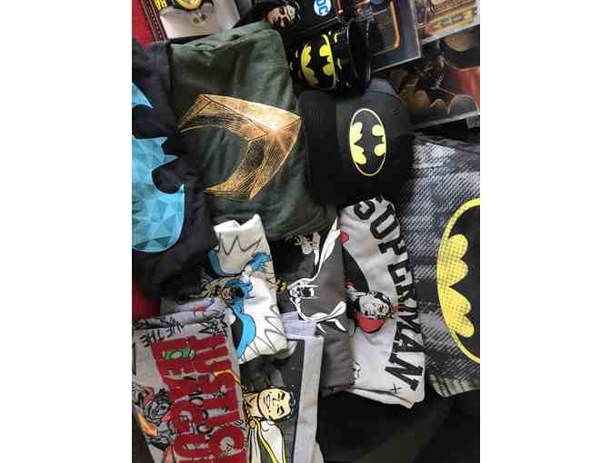 HUGE Basket of DC Entertainment Themed Toys, Clothing, and Collectibles!