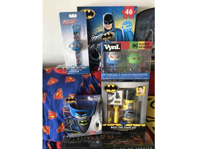 HUGE Basket of DC Entertainment Themed Toys, Clothing, and Collectibles!