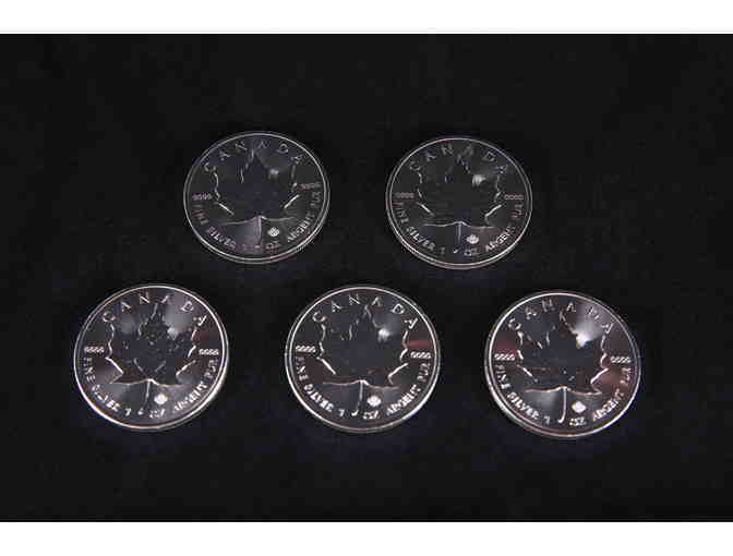 Five (5) $5 1 oz. Canadian Maple Leaf Coins 99.99% Pure Silver Content