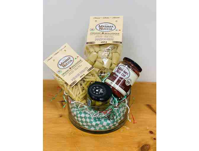 Glass Bowl with Two (2) Variety of Pastas, Olives and Roasted Garlic Sauce